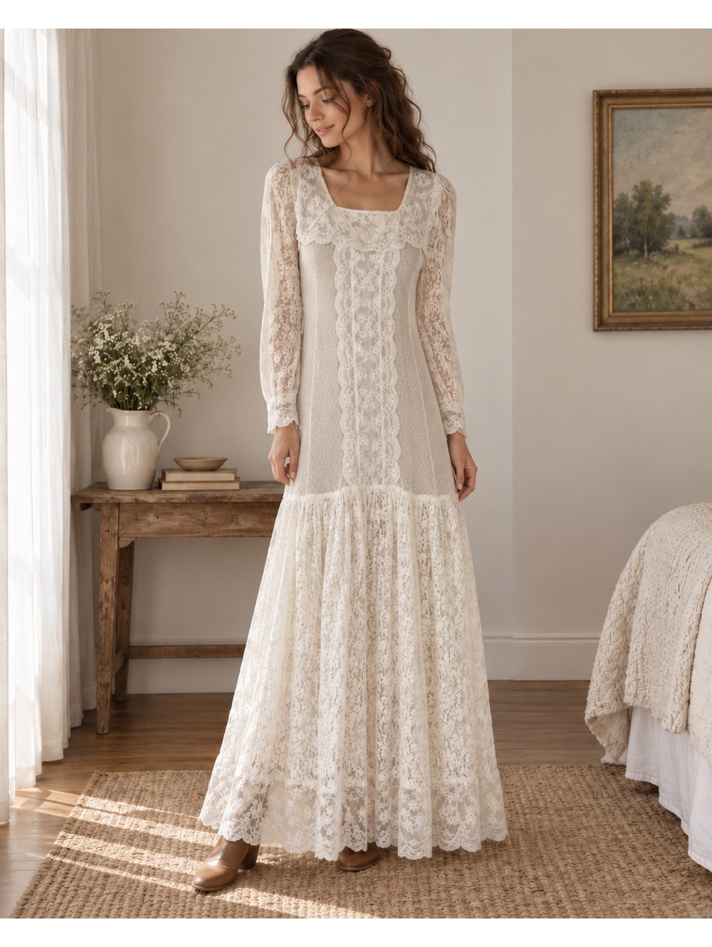 Ivory Lace Maxi Dress Romantic Boho Long Sleeve Prairie Style Pauli T XS